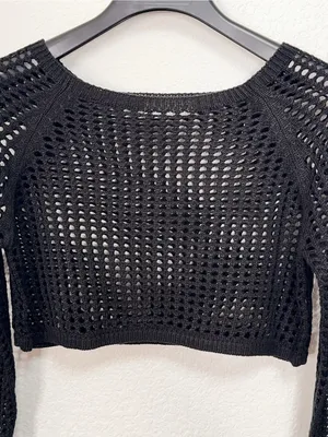 Zenana Black Open Knit Crochet Long Sleeve Cropped Bolero Shrug Top thumbnail 3