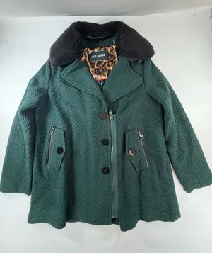 Steve Madden Womens Green Wool Blend Faux Fur Collar Leopard Lining Coat Large thumbnail 1