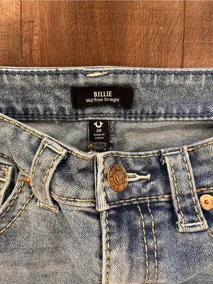 TRUE RELIGION Billie Mid-Rise Straight Jeans Light Blue Wash Womens 28x31 thumbnail 3