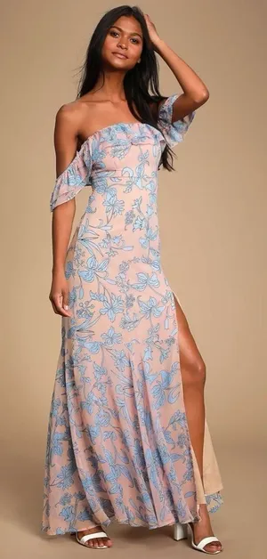 Lulu’s Adelaide Blush Floral Print Off-the-Shoulder Maxi Dress Size XS thumbnail 1