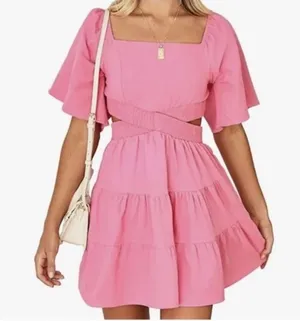 Shy Velvet Dress Womens L Crossover Cut Out‎ Waist Mini Summer Square Neck Pink thumbnail 1