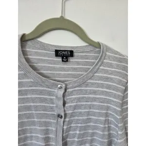 Jones New York Gray Striped Cardigan Sweater Gold Buttons Preppy Old Money M thumbnail 3