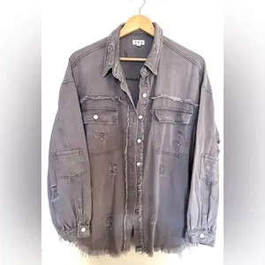 POL Women's Charcoal Distressed Fade Raw Jean Jacket Sz‎ Small Oversized Fit thumbnail 3