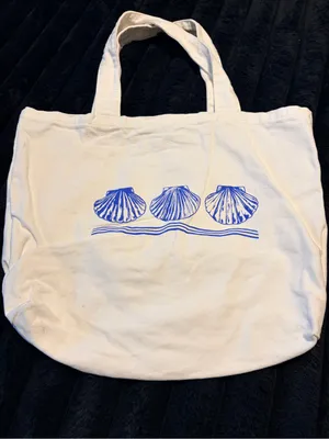 Canvas Shell Tote Bag in White with Blue Print thumbnail 2