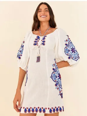 FARM Rio Off-White Navy Embroidery Mini Dress S thumbnail 1