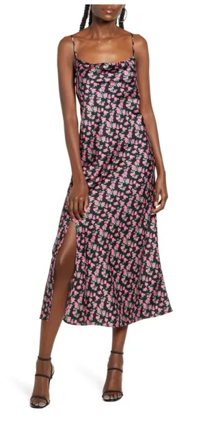 WAYF Floral Satin Slip Midi Dress Large‎ Black Side Slit Cowl Neck thumbnail 1