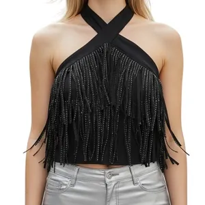 EFFORDRAM Black Faux Suede‎ Front With Rhinestones Halter Top NWOT Size Medium thumbnail 1