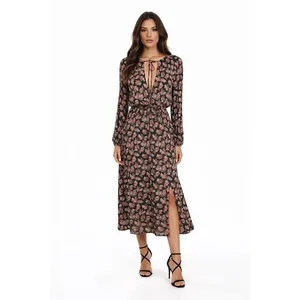 Reformation Floral Midi Dress Tie Neck Long‎ Sleeve Slit Black Size 0 thumbnail 12