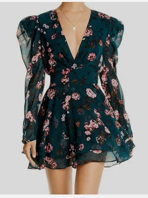 LINI Isabelle Floral Mini Dress Teal Pink Puff‎ Long Sleeve V-Neck Fit & Flare thumbnail 1