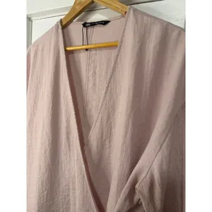 Zara Women Blush Pink Linen Blend Wrap Top Long Sleeve Kimono Style NWOT Medium thumbnail 5