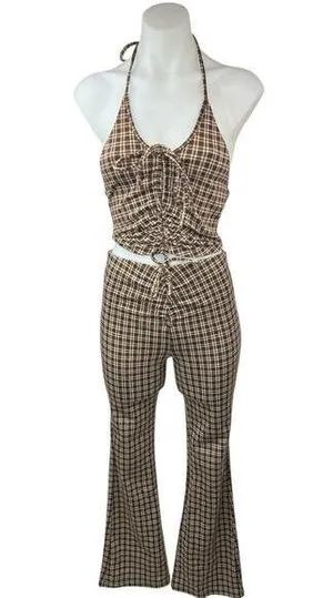 Princess Polly Brown Plaid Checkered Halter Crop Top & Bell Bottom Pants Set 0 thumbnail 1