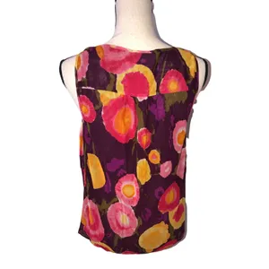 August Silk Mesh Top Size L Abstract Floral Red Purple Y2K Buttons Tank Babydoll Flowy Cool thumbnail 3