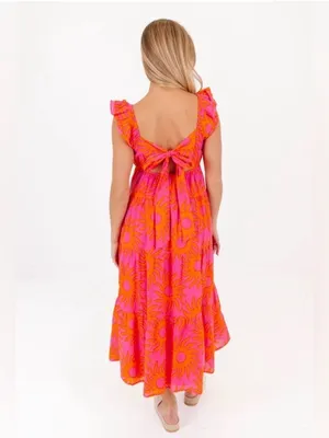 NWT J.Marie Mara Ruffle Sleeve Sunshine‎ Print Pink Boho Tie Back Midi Dress thumbnail 3