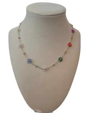 Flower Necklace‎ Womens OS Stainless Steel Gold Multicolor Floral NEW thumbnail 1
