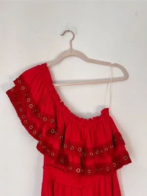 MISA Los Angeles Safa Red One Shoulder Ruffle Maxi Dress Women's XS $400 thumbnail 6