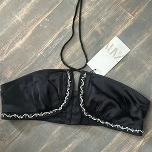 NWT Zara Black Satin‎ Diamond Encrusted Halter Top Size Small thumbnail 2
