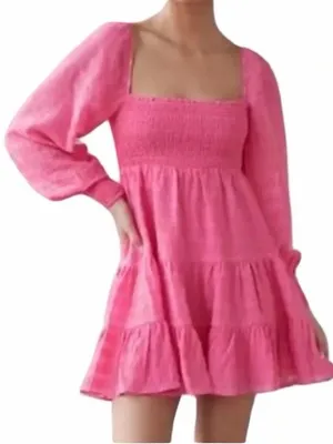 Urban Outfitters‎ Long Sleeve Smocked Bust Tiered Mini Dress in Pink Size Small thumbnail 6