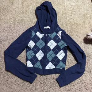 Hollister Argyle Zip Up Knit Hoodie Navy Blue Green Cropped Sweater XS‎ thumbnail 2