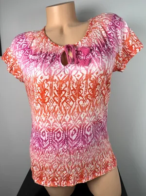 Lauren Ralph Lauren Medium Top Womens 100% Cotton Pink Orange Boho Short Sleeve‎ thumbnail 1