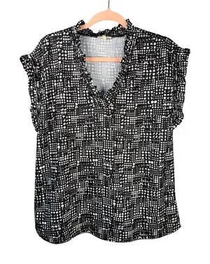 Jodifl Black White‎ Geometric Print Blouse Ruffle Sleeve V Neck Top L thumbnail 1