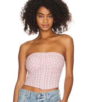 Free People Gingham Tube Top Leilani Pink Medium thumbnail 1