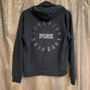 PINK Victorias Secret Black Fill Zip Rhinestone Hooded Sweatshirt, M thumbnail 1