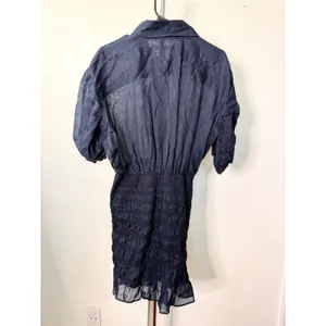 FRAME Smocked Ramie Mini Dress Navy Blue Puff Sleeve thumbnail 6