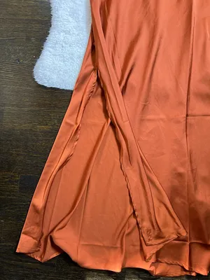 Shein Burnt Orange Satin Cowl Neck Maxi Dress Side Slit Covered Buttons Large thumbnail 3
