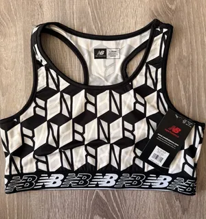 New Balance White Multi Geometric Print Racerback Sports Bra L (14/16) thumbnail 1