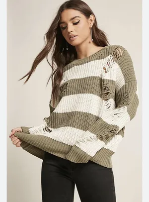 POL Distressed Olive & Cream Striped Knit Sweater - Size Small pullover thumbnail 1