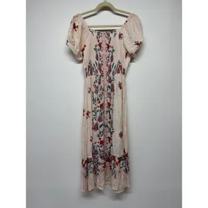 Angie Boho Floral Puff Sleeve Prairie Maxi Dress Cottagecore Cream Pink Medium thumbnail 4