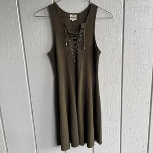 Torn by Ronny Kobo Lace Up Ribbed Knit Mini Dress‎ in Olive Green Size M thumbnail 3