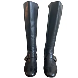 Tory Burch Moto Wrap Wedge Riding Boots Black Leather Gold Logo Size 8 thumbnail 2