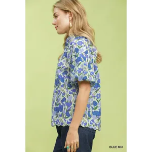Umgee Floral Puff Sleeve Blouse with Scalloped Details‎ - Medium thumbnail 2
