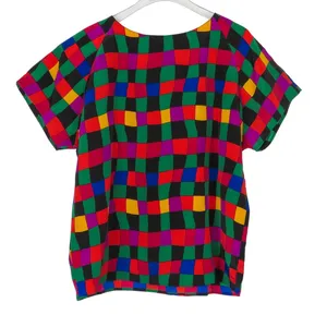 Impressions 1980s Vintage Rainbow Checkered Short Sleeve Blouse Retro Medium thumbnail 4