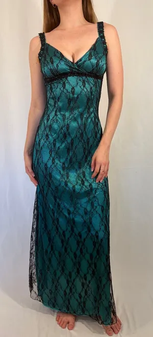 Turquoise Lace Overlay Gothic Maxi V Neck Dress Blue thumbnail 1