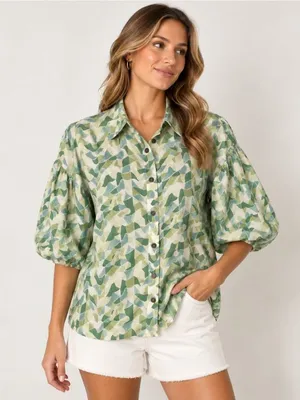 Entro Blouse Womens Large Green Geometric Collared Button Balloon Sleeve Top thumbnail 1