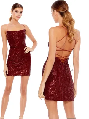 NWT MacDuggal 26479 Sequin Strappy Back Mini Formal Prom Dress Burgundy Size 6 thumbnail 2
