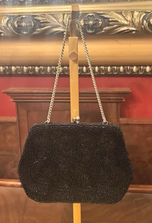 Vintage Josef Beaded Evening Bag Black Japan Clutch Purse Kiss Lock Chain‎ Strap thumbnail 1