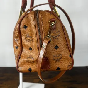 MCM Vintage Satchel Bag Womens Medium Brown Logo PVC Leather Germany Top Handle thumbnail 10