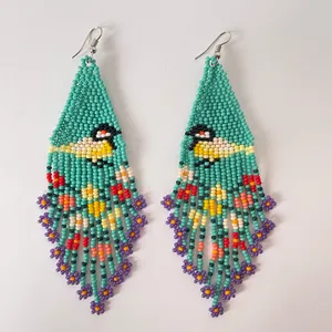 Handmade Colorful Beaded Dangle Earrings with bird and flowers 🌺 thumbnail 3