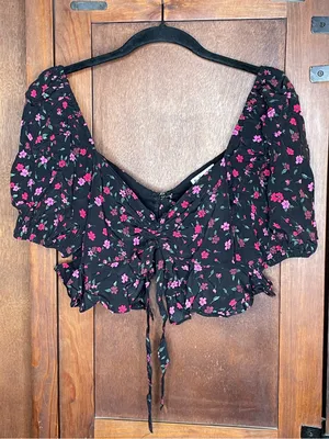 For Love & Lemons x Revolve Black Floral Cottagecore Crop Blouse Puff Sleeve S thumbnail 3