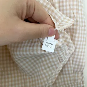 100% Linen Lightweight Button Up Blouse Shirt Tan White Gingham Plaid S thumbnail 3