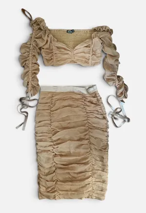 Rehab Women Champagne Ruched 2 Piece Set Crop Top Midi Skirt Size L‎ thumbnail 1