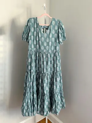 Lucky Brand Women's Teal Puff-Sleeve Tiered Maxi Dress Size Medium Boho Flowy thumbnail 3