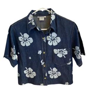 palmwave hawaii denim island tropical shirt hibiscus print vacation Coastal thumbnail 3