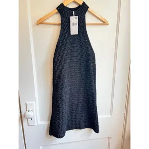 Mango Black Metallic Knit Halter Mini Dress XS Open Crochet Shimmer thumbnail 3