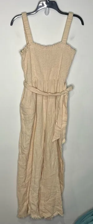 Loveriche cream raw hem jumpsuit‎ open back tie waist women's size medium trendy thumbnail 1