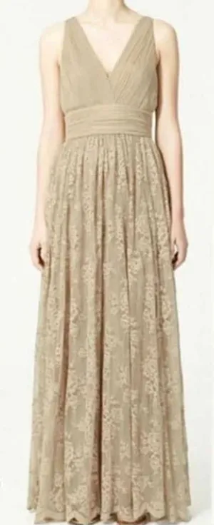 Zara Womens Champagne Floral Lace Maxi Dress Pleated V-Neck Bow Back Formal Gown thumbnail 1