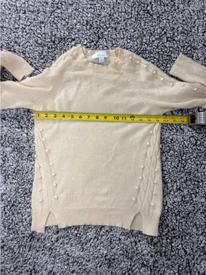 100% Cashmere Sweater Women Size S Cream Cable Knit Pom Pom Beaded Luxury thumbnail 4